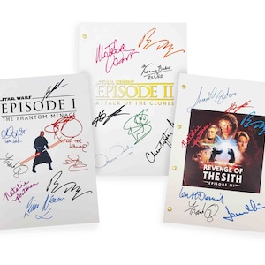 May include: Three white pages with black text and signatures. The pages are titled "Star Wars Episode I The Phantom Menace", "Star Wars Episode II Attack of the Clones", and "Star Wars Revenge of the Sith Episode III".