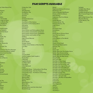 May include: A green background with a list of film titles in white text. The list is organized in two columns and includes titles such as "Alien", "Back to the Future", "Star Wars", "Twilight", and "The Godfather".