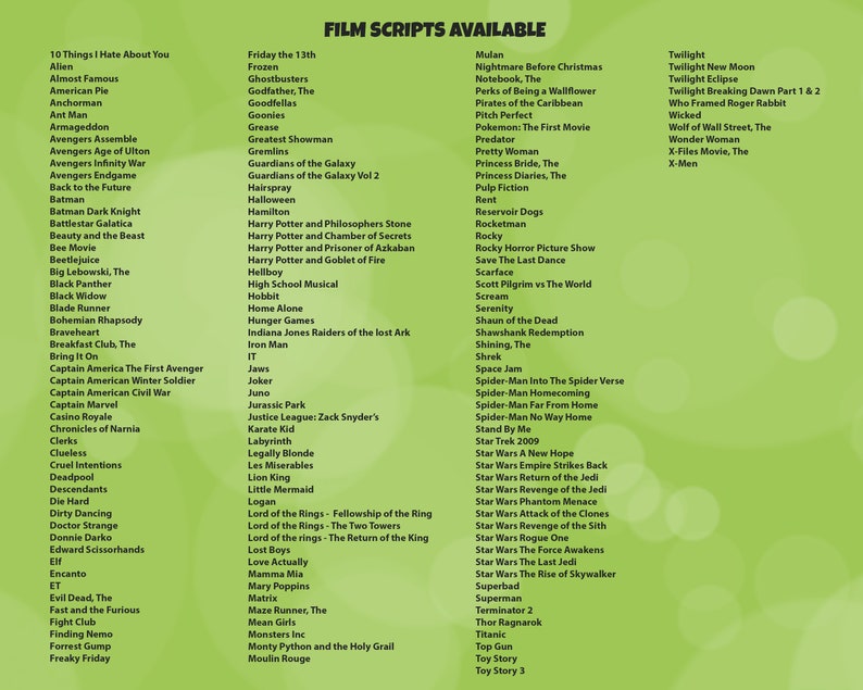 May include: A green background with a list of film titles in white text. The list is organized in two columns and includes titles such as "Alien", "Back to the Future", "Star Wars", "Twilight", and "The Godfather".