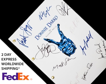 May include: A white script with the title "Donnie Darko" by Richard Kelly. The script is signed by several people, including the actors Jake Gyllenhaal, Jena Malone, and Katharine Ross.