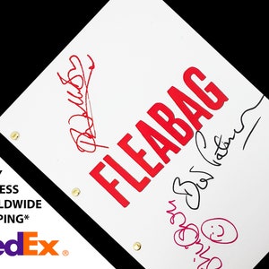 May include: White script with the title "FLEABAG" in red letters. The script is signed by three people.
