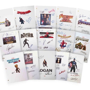 May include: A collection of 15 white script pages from various Marvel movies, each featuring a different movie title and a photo of the film's characters. The pages are signed by the cast and crew of each film.