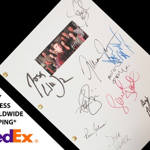 May include: A white script page with a photo of the cast of the TV show "Firefly" and multiple signatures in black, blue, pink, and red ink. The signatures include "Joss Whedon", "Alan Tudyk", "Adam Baldwin", "Summer Glau", "Sean Maher", "Jewel Staite", "Nathan Fillion", "Gina Torres", "Ron Glass", "Morena Baccarin", and "Sarah  Hagan".