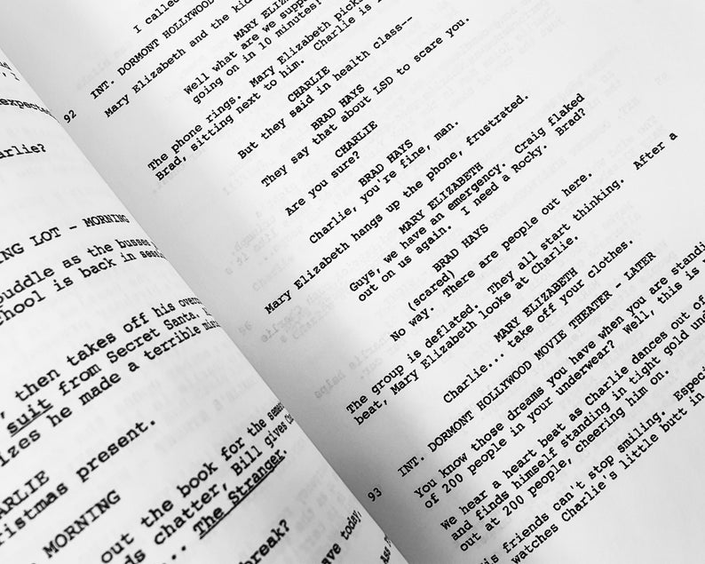 May include: A black and white photo of a script for a movie or play. The script is titled "DORMONT HOLLYWOOD MOVIE THEATER" and includes the names "Mary Elizabeth" and "Charlie".