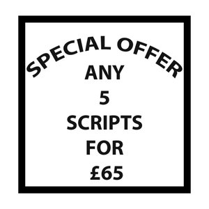 Può includere: Immagine in bianco e nero di un'offerta speciale per 5 script per £ 65. Il testo è in una cornice quadrata nera.