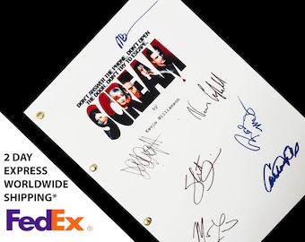 May include: A white script for the movie "Scream" with the title in red and black. The script is signed by the cast and crew, including Kevin Williamson, Neve Campbell, David Arquette, and Courteney Cox.