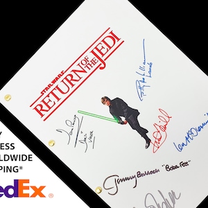 May include: A white Star Wars Return of the Jedi script with signatures from Mark Hamill, Harrison Ford, Carrie Fisher, Billy Dee Williams, and Jeremy Bulloch. The signatures are in blue, black, and red ink.