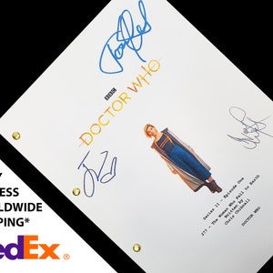 May include: A white script with the text "Doctor Who" in yellow and blue lettering. The script is signed by three people. The script is for the episode "The Woman Who Fell to Earth" from series 11 of Doctor Who.