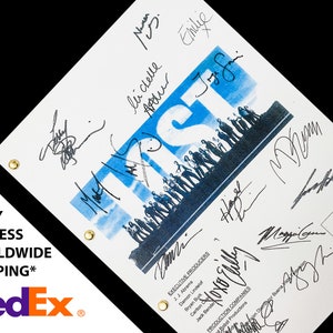 May include: A white script page with the word "LOST" printed in blue and a group of people in silhouette standing on a hill. The page is signed by multiple people, including J.J. Abrams, Damon Lindelof, and Bryan Burk. The page also includes the title "Executive Producers" and a list of production companies.