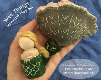 PDF Sewing Pattern for Mermaid Peg Doll and Felt Clamshell Bed, Mermaid Toy Pattern, Mermaid Sewing Pattern, Waldorf Toy Pattern