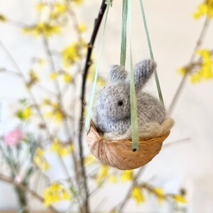 Miniature Rabbit Walnut Shell Easter Ornament, Hanging Bunny Ornament, Rabbit Christmas Ornament image 2