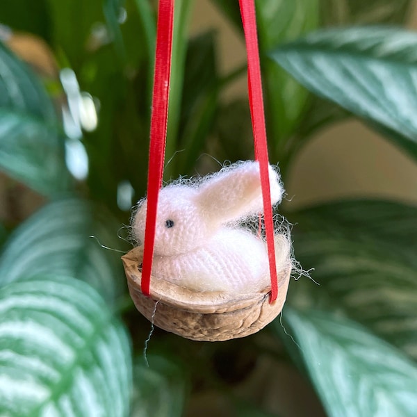 Miniature Rabbit Walnut Shell Easter Ornament, Hanging Bunny Ornament, Rabbit Christmas Ornament