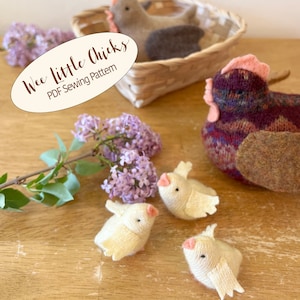 Może przedstawiać: Wzór szycia PDF Wee Little Chicks. Zbliżenie na cztery dziergane kurczaki. Trzy kurczaki są białe z różowymi dziobami i siedzą na drewnianej powierzchni. Jeden kurczak jest brązowy i bordowy z różowym dziobem i siedzi w wiklinowym koszyku.