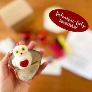 May include: A white felt owl with yellow eyes and a red heart on its chest is in a red heart-shaped box. The box is open and the owl is sitting inside. The text "Valentine Owls Boxed Craft Kit" is on a red oval sticker.