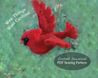 PDF Pattern for Wool Cardinal Ornament, Flying Cardinal PDF Sewing Pattern, Wool Cardinal Sewing Pattern, Cardinal Christmas Ornament