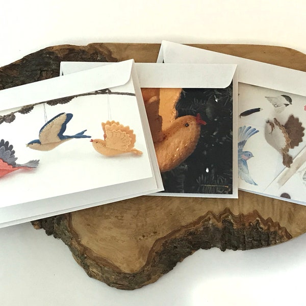 Bird Lovers Greeting Card Set, Four Blank Bird Cards, Felt Bird Artwork