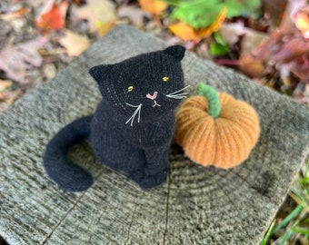 Black Cat and Pumpkin Toy, Halloween Cat Play Set, Black Cat Stuffed Animal, Waldorf Cat, Kitten Plushie, Cat Stuffie