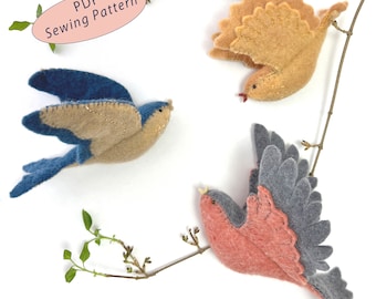 Naaipatroon vilten vogel, gevederde vriendenornamenten (pdf-patroon voor 3 vormen)