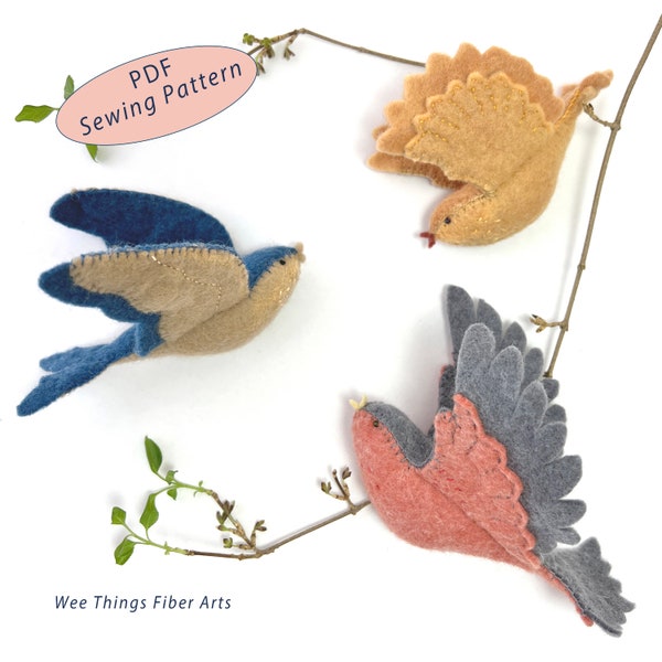 PDF Sewing Pattern for Feathered Friends (includes 3 bird patterns!), Felt Bird Sewing Pattern in 3 Designs, Bird Christmas Ornament