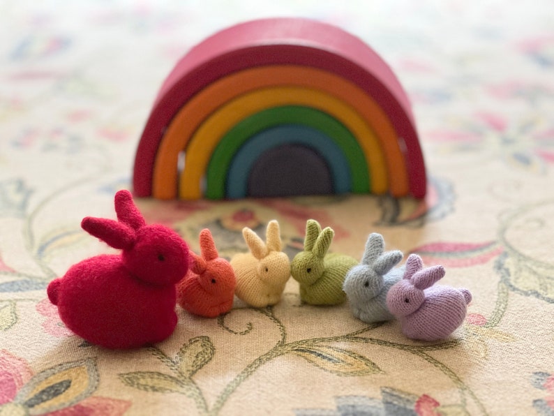 Set of Rainbow Bunnies, Mama and Baby Rabbit Stuffed Animals, Waldorf Rabbit Toys, Rabbit Plushies, Bunny Stuffies image 1