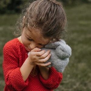 Peut inclure: Une jeune fille portant un pull rouge en tricot serre un lapin en peluche gris contre sa poitrine.