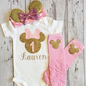 Pink and Gold Personalized Minnie Mouse 1st birthday Bodysuit , Minnie Mouse 1st birthday shirt, pink & gold minnie birthday, minnie legwarm