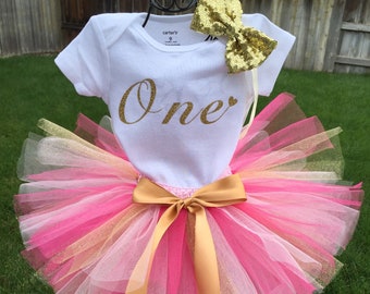 Pink and Gold 1st Birthday Tutu Outfit One Bodysuit 1st Birthday Shirt Pink and Gold Cake Smash Theme 1st Birthday Outfit Glitter Bodysuit