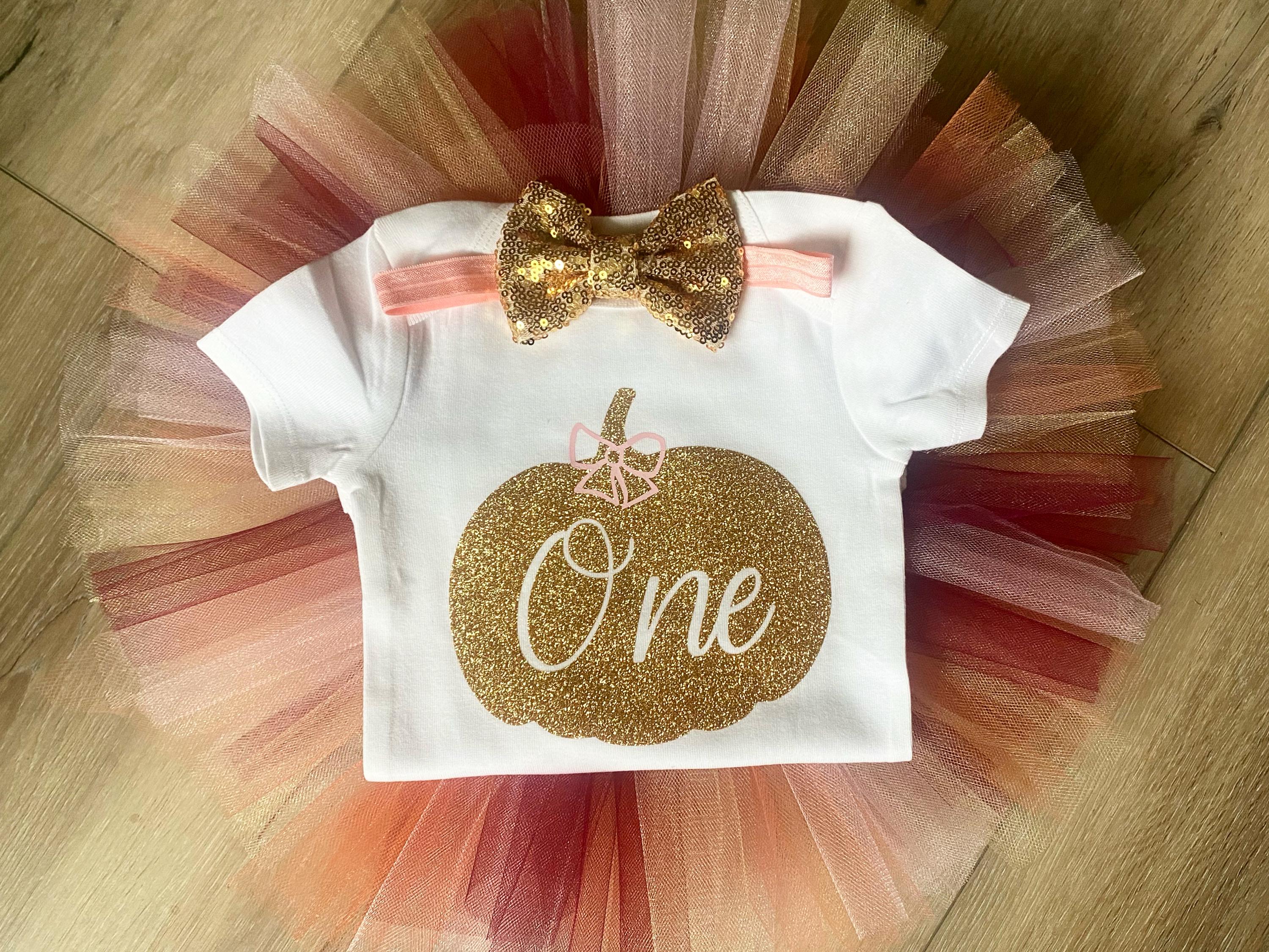 Pink and Gold Pumpkin First Birthday Outfit October 1st Birthday