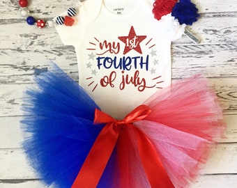 Baby Girl 4th Of July Tutu Outfit, Baby Girl 1st 4th Of July Bodysuit, Glitter My First Fourth Outfit, Tutu, Bodysuit & Headband