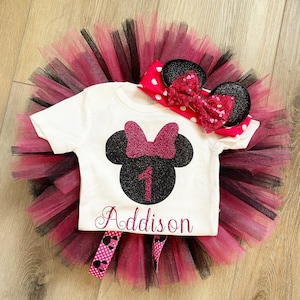 Pink and Black Personalized 1st Birthday Minnie Mouse Outfit First Birthday Minnie Mouse Outfit Cake Smash Tutu Minnie Mouse Tutu Custom
