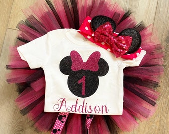 Pink and Black Personalized 1st Birthday Minnie Mouse Outfit First Birthday Minnie Mouse Outfit Cake Smash Tutu Minnie Mouse Tutu Custom