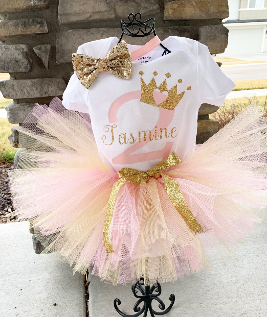  Baby girl princess birthday outfit First birthday outfit  toddler girl princess dress peach tutu and headband customized birthday  outfit : Handmade Products