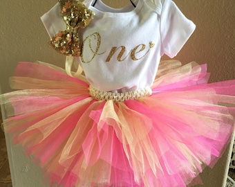 First Birthday Gold Tutu Bodysuit Set, One Bodysuit, First Birthday Shirt, Baby Girl Tutu and Bodysuit, Baby Bodysuit, Birthday Outfit, 1st