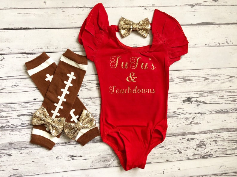 Tutus and Touchdowns Red Flutter Sleeve Leotard Baby Girl Fall Clothes Baby to Toddler Size Toddler Dance Leotard Football Outfit Daughter