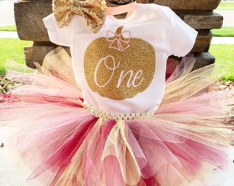 Pink and Gold Maroon Pumpkin First Birthday Outfit October 1st Birthday Outfit Pumpkin Theme 1st Birthday Bodysuit Cake Smash Outfit