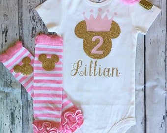 Pink and Gold Personalized Minnie Mouse 2nd Birthday Shirt, Minnie Mouse 2nd Birthday Outfit, Pink & Gold Minnie Birthday, Pink Legwarmers