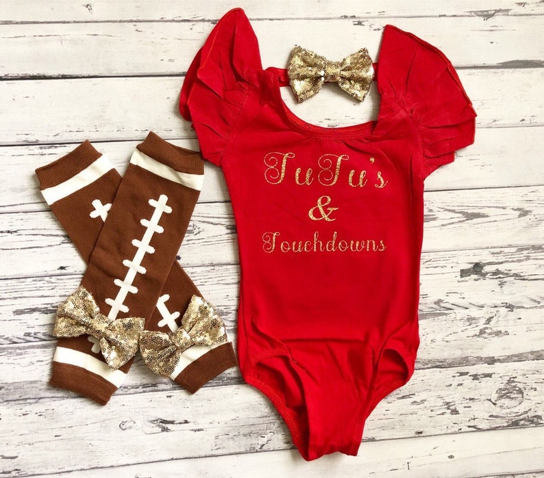 Tutus and Touchdowns Red Flutter Sleeve Leotard Baby Girl Fall Clothes Baby to Toddler Size Toddler Dance Leotard Football Outfit Daughter