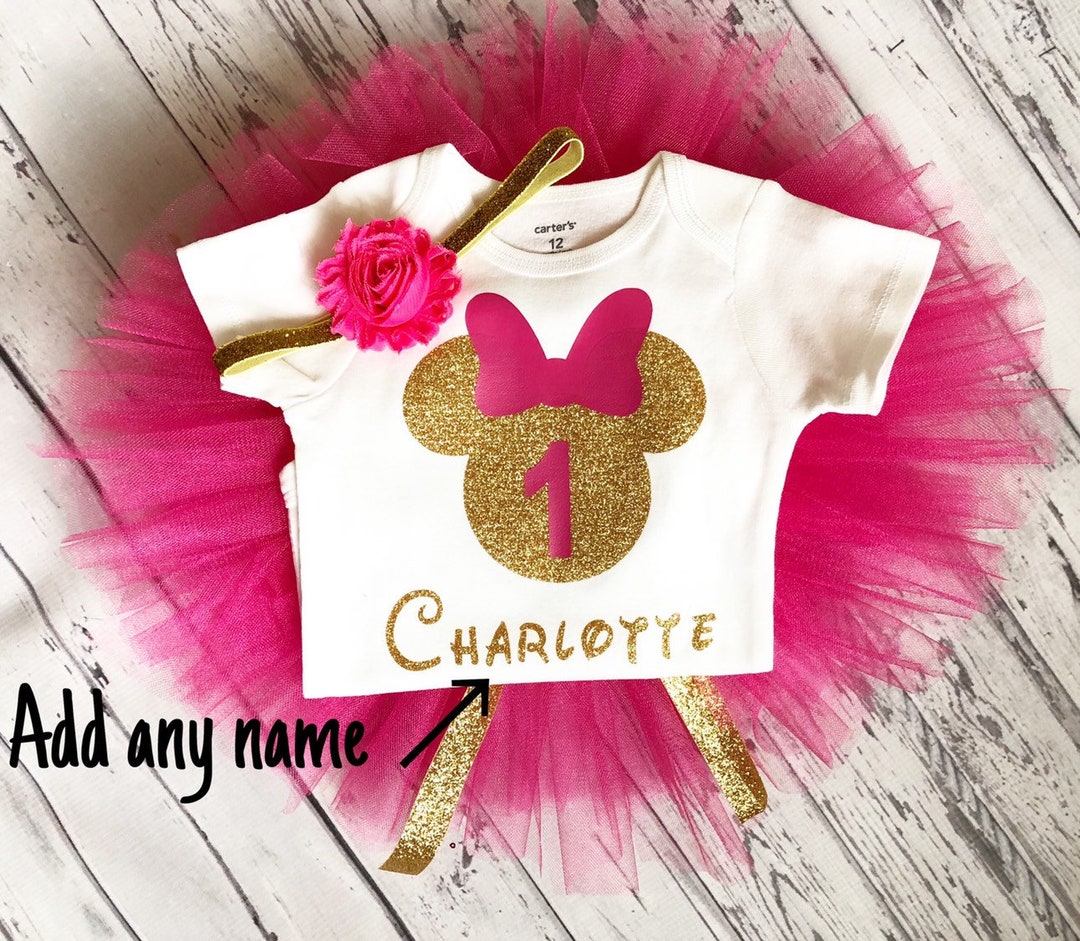 Personalized Pink and Gold Minnie Mouse First Birthday Outfit Hot Pink ...