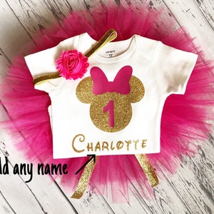 Personalized Pink and Gold Minnie Mouse First Birthday Outfit Hot Pink and Gold Minnie Birthday Outfit Pink Gold 1st Birthday Minnie Tutu