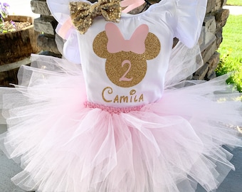 Personalized Pink and Gold Minnie Mouse Outfit 2nd Birthday Minnie Leotard Pink and Gold Minnie Birthday Outfit Pink and Gold 2nd Birthday