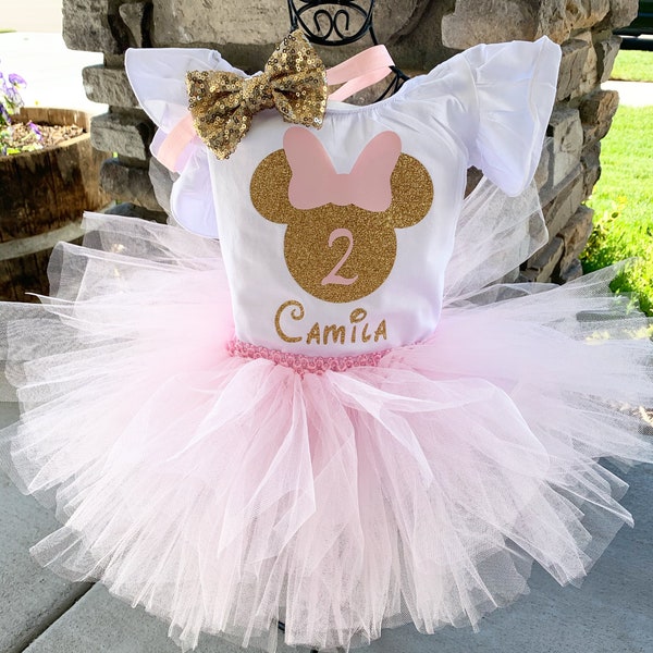 Personalized Pink and Gold Minnie Mouse Outfit 2nd Birthday Minnie Leotard Pink and Gold Minnie Birthday Outfit Pink and Gold 2nd Birthday