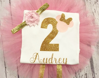 Personalized Pink and Gold Minnie Mouse Outfit, 2nd Birthday Minnie Outfit, Pink and Gold Minnie Birthday Outfit, Pink and Gold 2nd Birthday