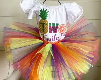 Fruit 2nd Birthday Outfit Two-tti Fruity Themed Second Birthday Party Tutti Fruity Flutter Leotard and Colorful Rainbow Tutu Bright Tutu