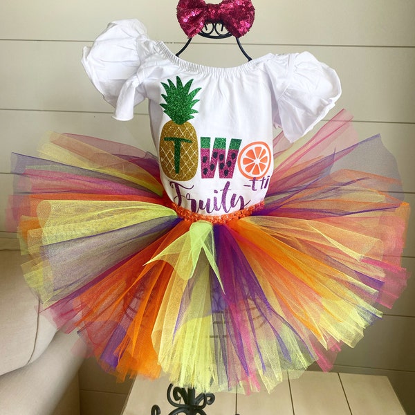 Fruit 2nd Birthday Outfit Two-tti Fruity Themed Second Birthday Party Tutti Fruity Flutter Leotard and Colorful Rainbow Tutu Bright Tutu