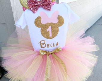 Personalized Pink and Gold Minnie Mouse First Birthday Outfit, Pink and Gold Minnie Birthday Outfit, Pink Gold 1st Birthday Minnie Outfit