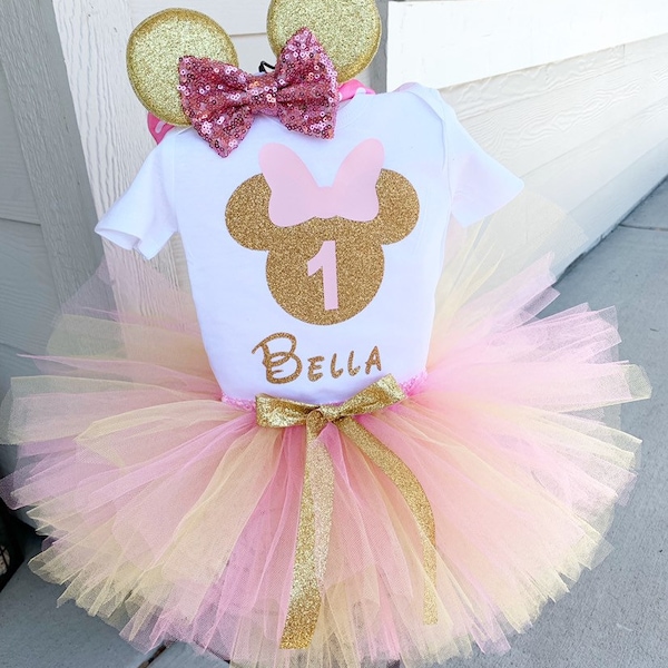Personalized Pink and Gold Minnie Mouse First Birthday Outfit, Pink and Gold Minnie Birthday Outfit, Pink Gold 1st Birthday Minnie Outfit