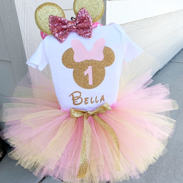 Tenue personnalisée de premier anniversaire de Minnie Mouse rose et or, tenue d’anniversaire Minnie rose et or, tenue Minnie de 1er anniversaire en or rose