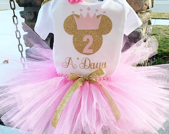 Personalized Pink and Gold 2nd Birthday Minnie Mouse Outfit Minnie Princess Pink and Gold Birthday Outfit Pink and Gold Tutu and Headband