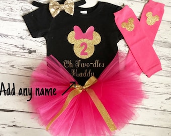 Personalized Pink and Gold Minnie Mouse 2nd Birthday Outfit Pink and Gold Second Minnie Birthday Outfit Fuschia Pink Full and Fluffy Tutu