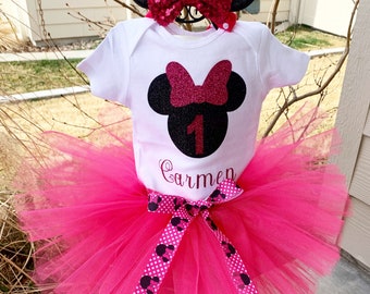 Personalized Pink and Black Minnie Mouse 1st Birthday Outfit Pink and Black Minnie Birthday Outfit Minnie Baby Bodysuit Modern Birthday Gift